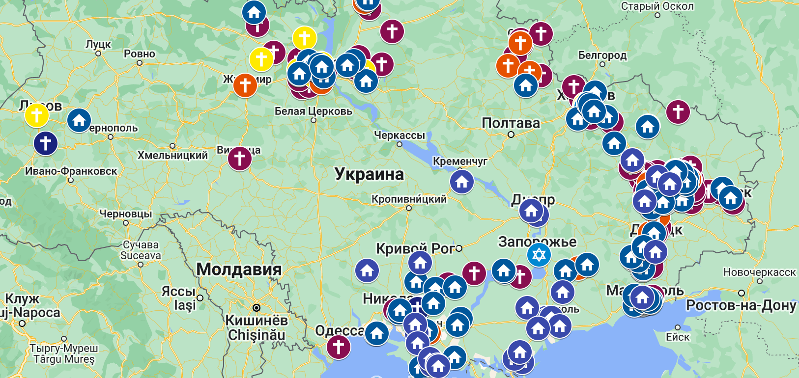 Карта разрушенных или уничтоженных религиозных сооружений Украины